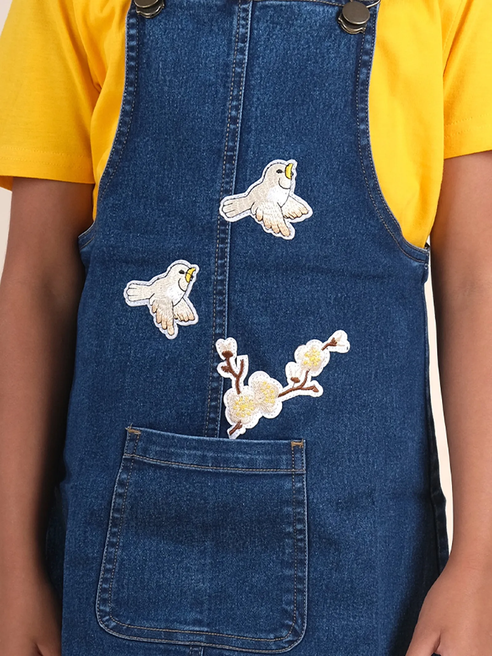 Girls Denim Dungaree Skirt With Bird Applique