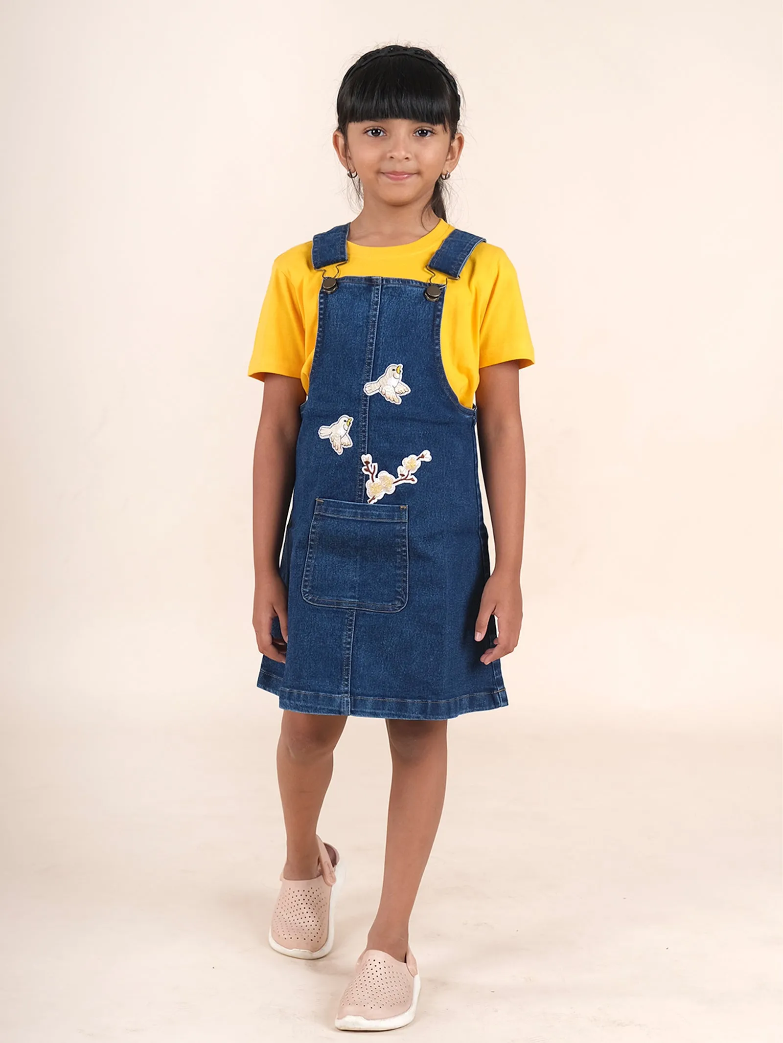 Girls Denim Dungaree Skirt With Bird Applique