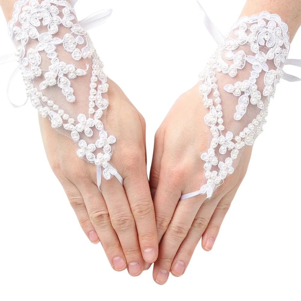 Girls White Pearl Adorned Lace Fingerless Communion Flower Girl Gloves