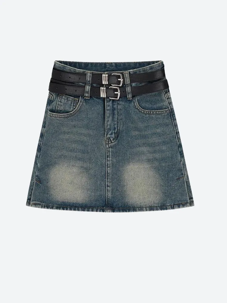 Grunge Double Belt Loop Denim Mini Skirt