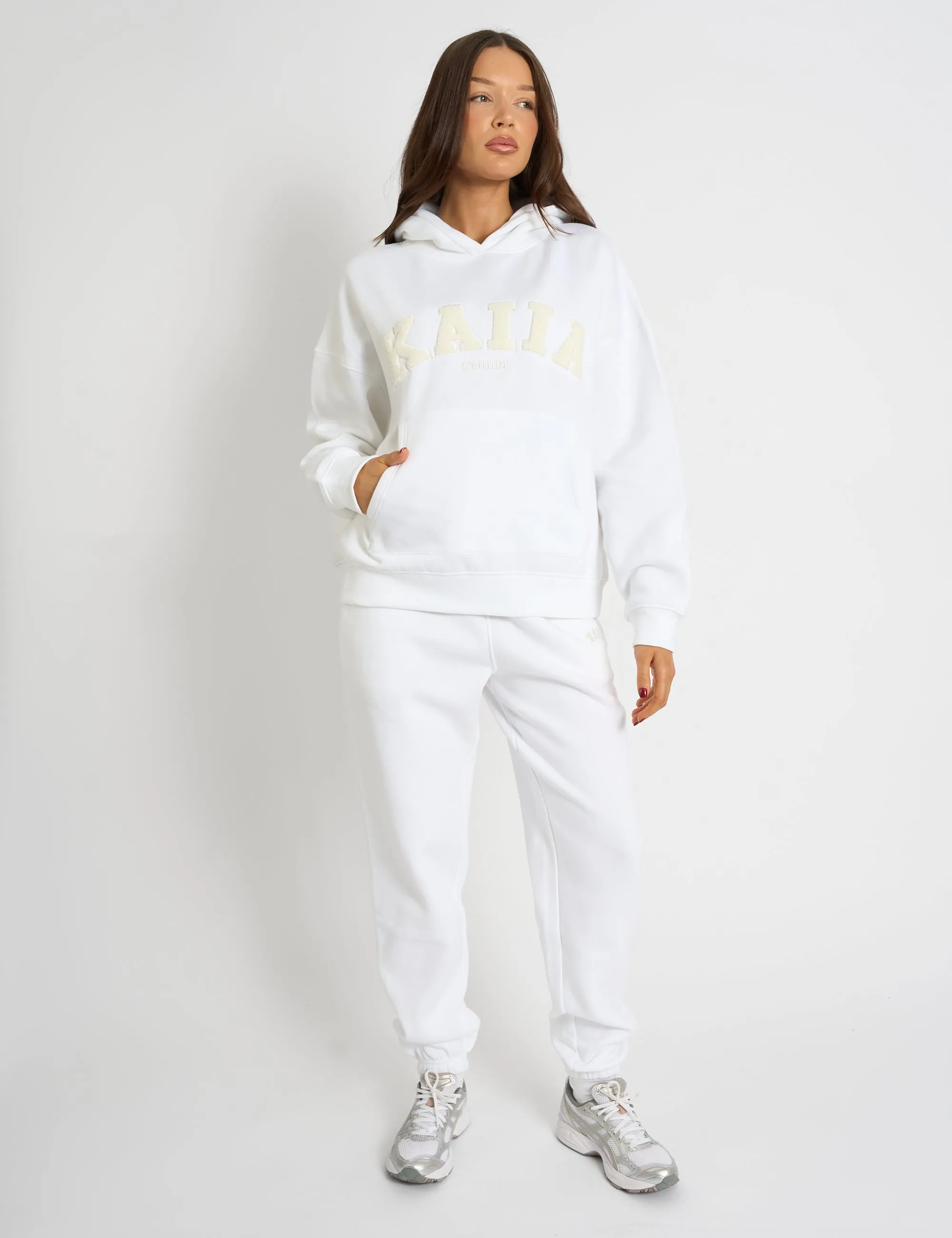 Kaiia Borg Slogan Oversized Hoodie Cream