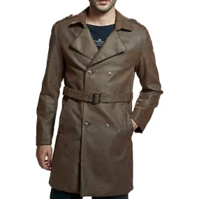 Leather Trench Coat With Button And Belted Closer