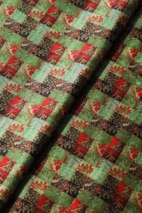 Light Green And Red Floral Checks Pattern Digital Print On Satin Fabric