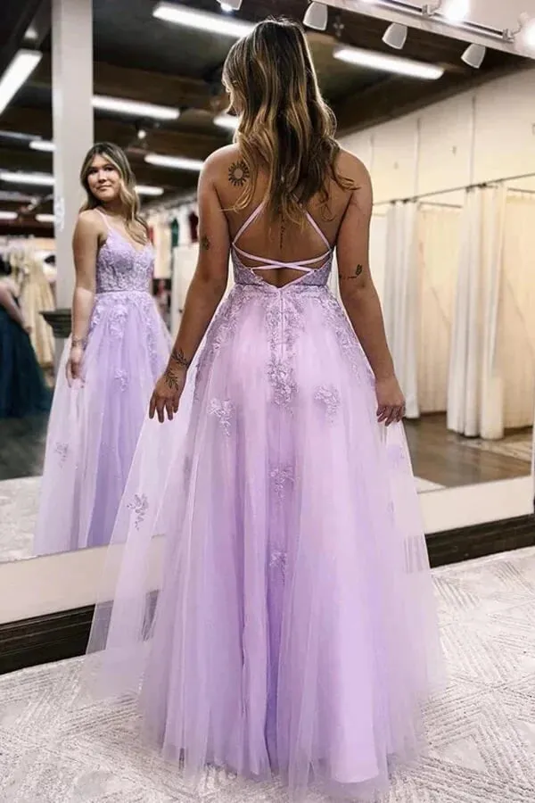 Lilac Tulle Floor Length A-line Lace Prom Dresses With Slit, Evening Dresses, SP963