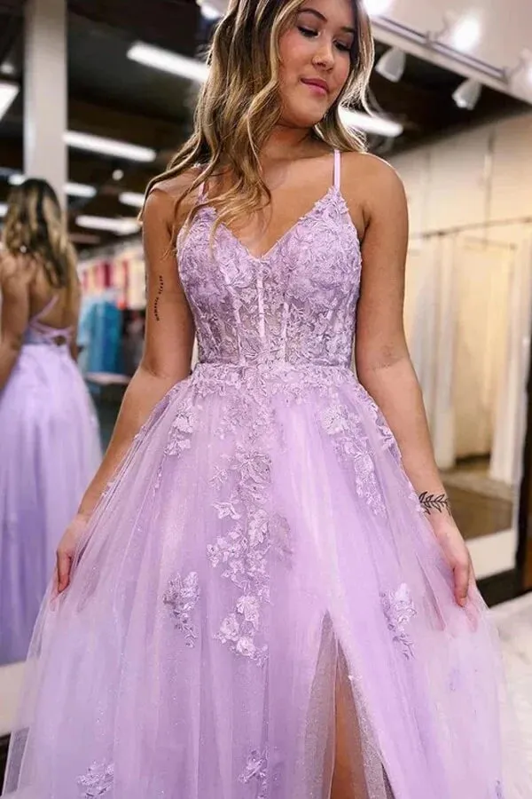 Lilac Tulle Floor Length A-line Lace Prom Dresses With Slit, Evening Dresses, SP963