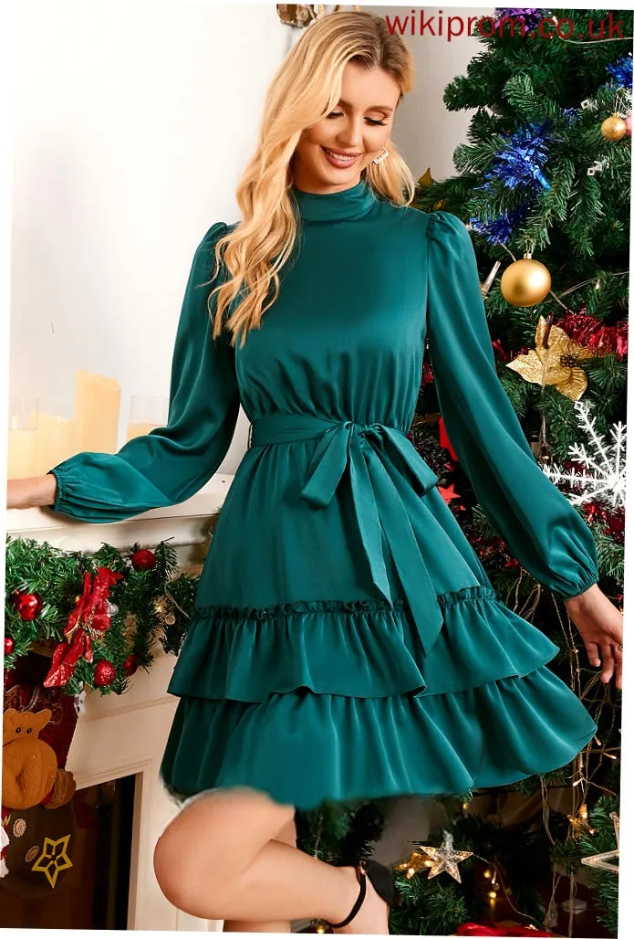 Madalyn Long Elegant Neck Mini A-line Round Satin Dresses Sash Sleeves Club Dresses