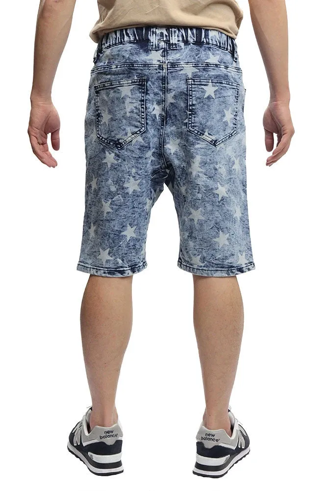 Men's Star Print Denim Dropcrotch Shorts