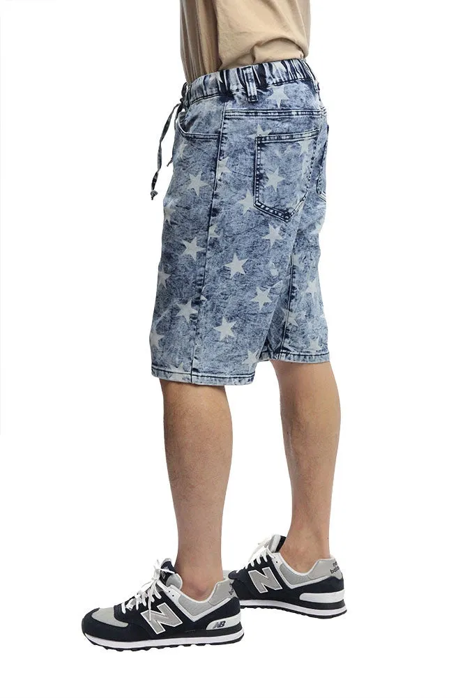 Men's Star Print Denim Dropcrotch Shorts