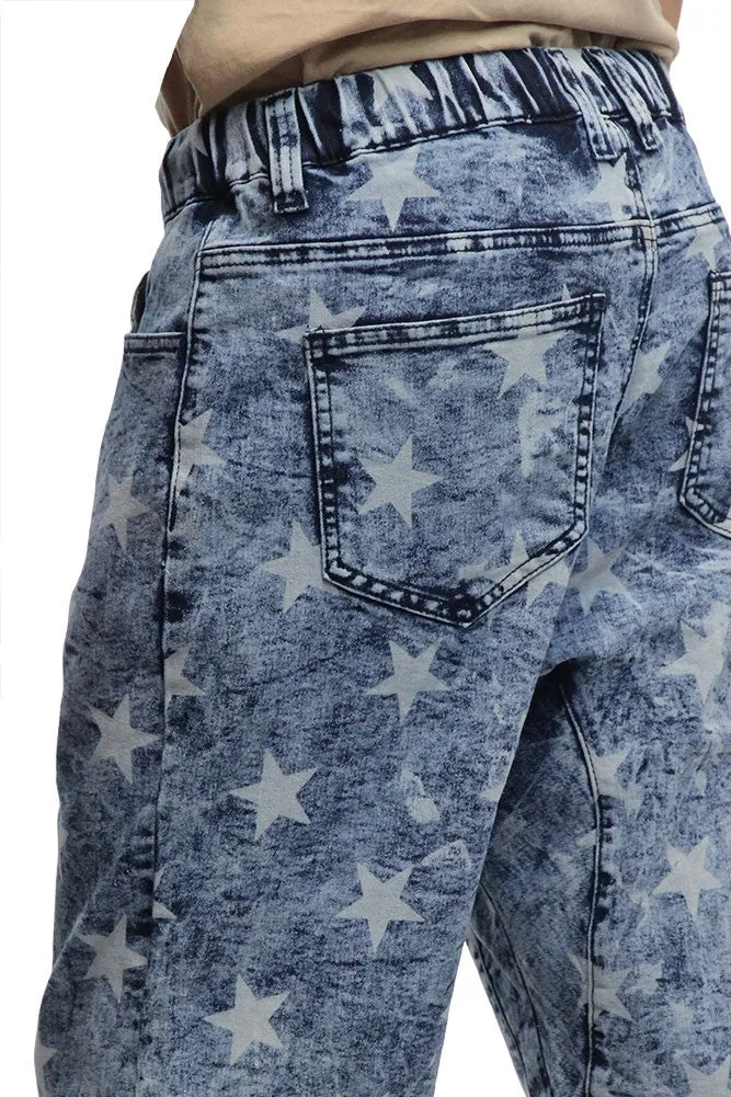 Men's Star Print Denim Dropcrotch Shorts