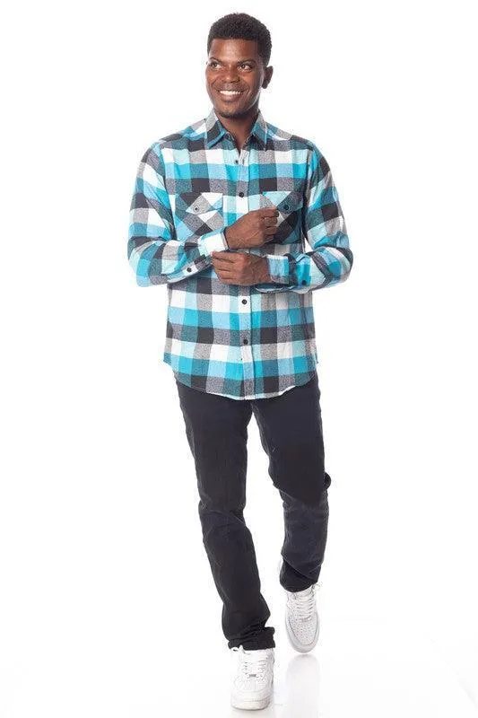 Mens Turquoise Plaid Flannel Shirt