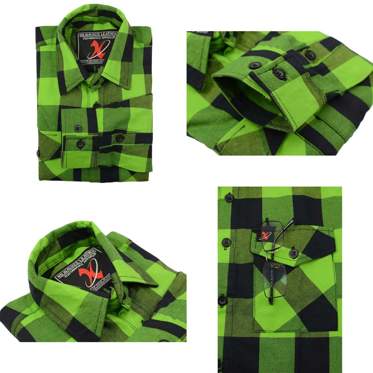 Milwaukee Leather MNG11656 Men's Flannel Plaid Black and Neon-Green Long Sleeve Cotton Button Down Shirt