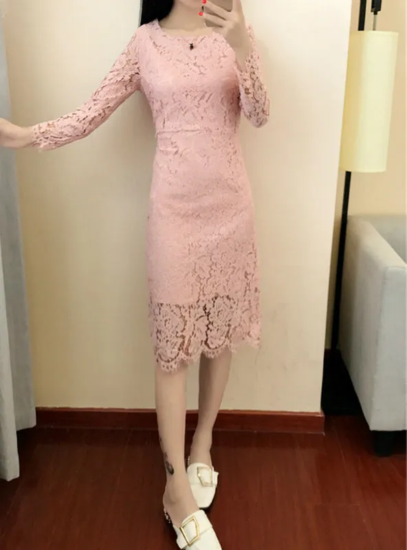 O Neck Long Sleeve Sheath Bodycon Lace Dress