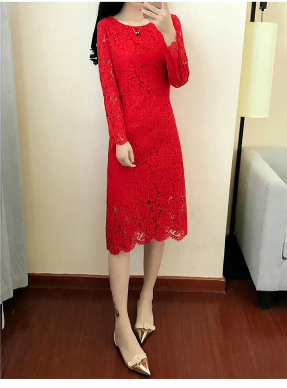 O Neck Long Sleeve Sheath Bodycon Lace Dress