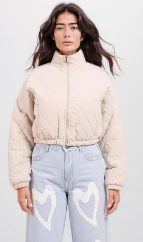 o198990-QUILTED CROPPED JACKET - BEIGE