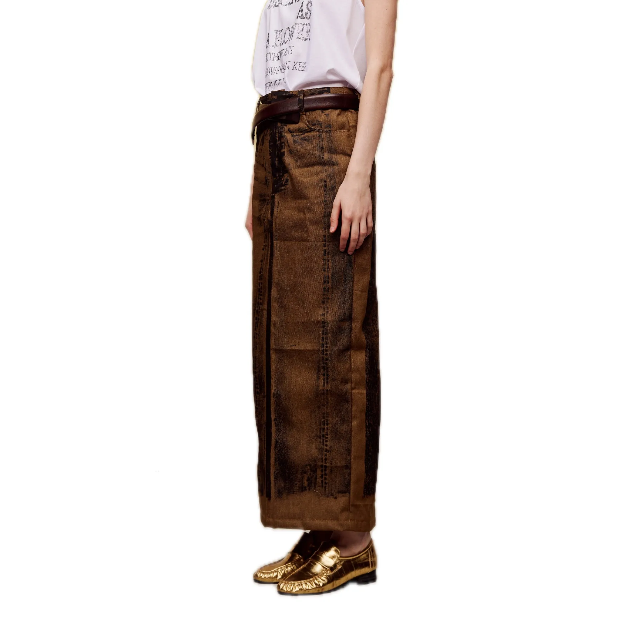 Off-set Printed Denim Long Skirt in Brown