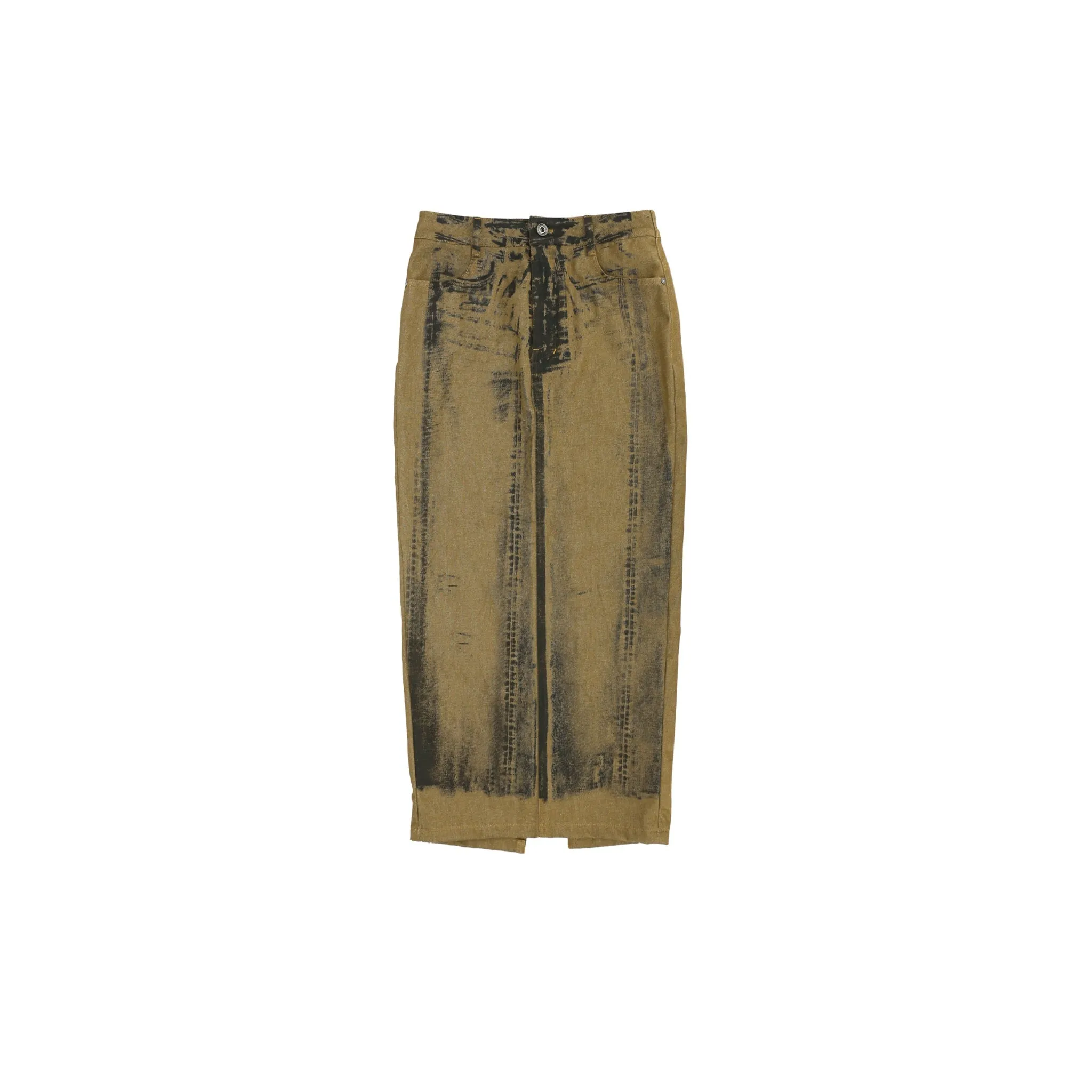 Off-set Printed Denim Long Skirt in Brown