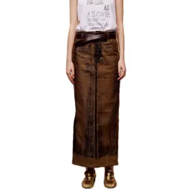 Off-set Printed Denim Long Skirt in Brown