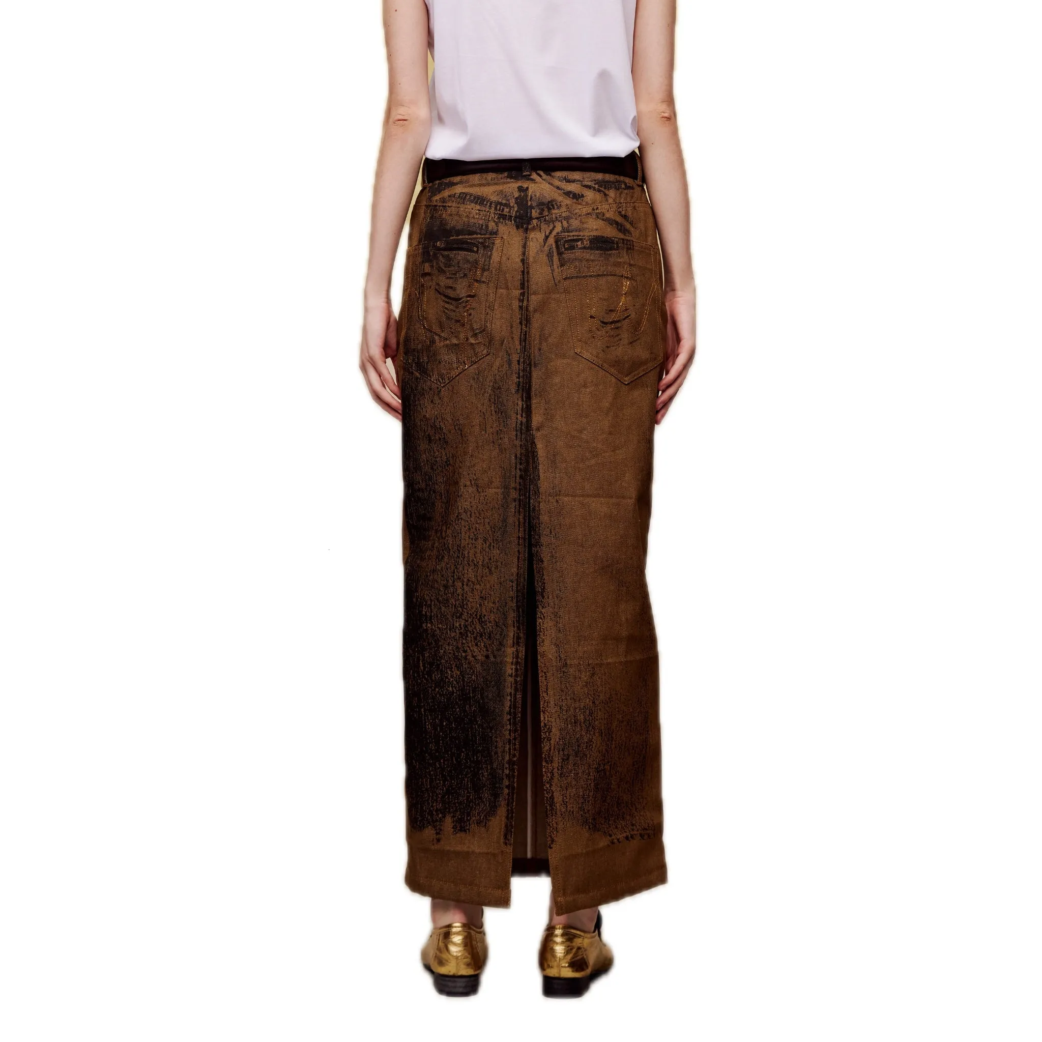 Off-set Printed Denim Long Skirt in Brown