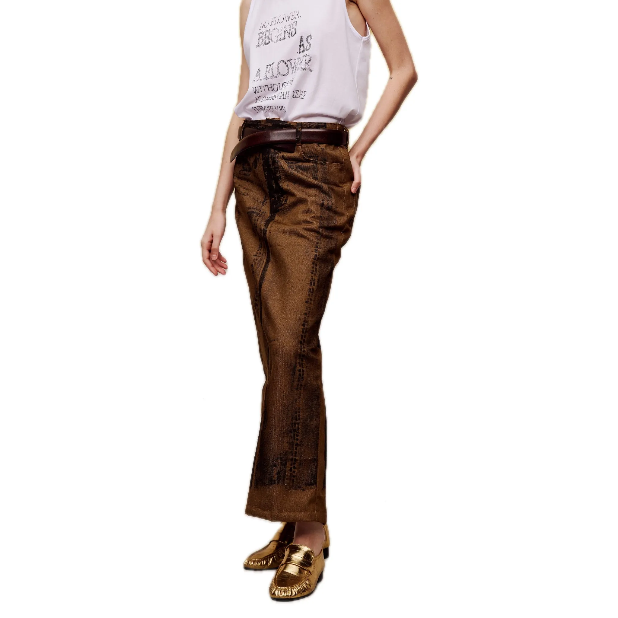 Off-set Printed Denim Long Skirt in Brown