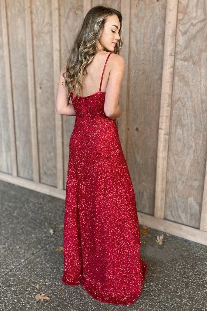 Plunging Sequins Long Prom Dresses 2021, Simple Girl Dresses, Graduation Party Dresses