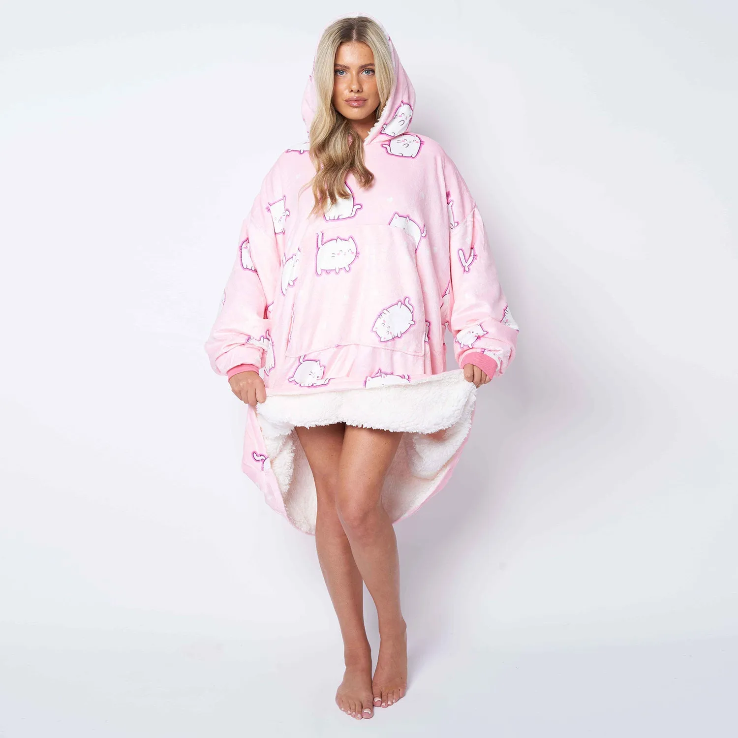 Plush Cat Pink Printed Hoodie