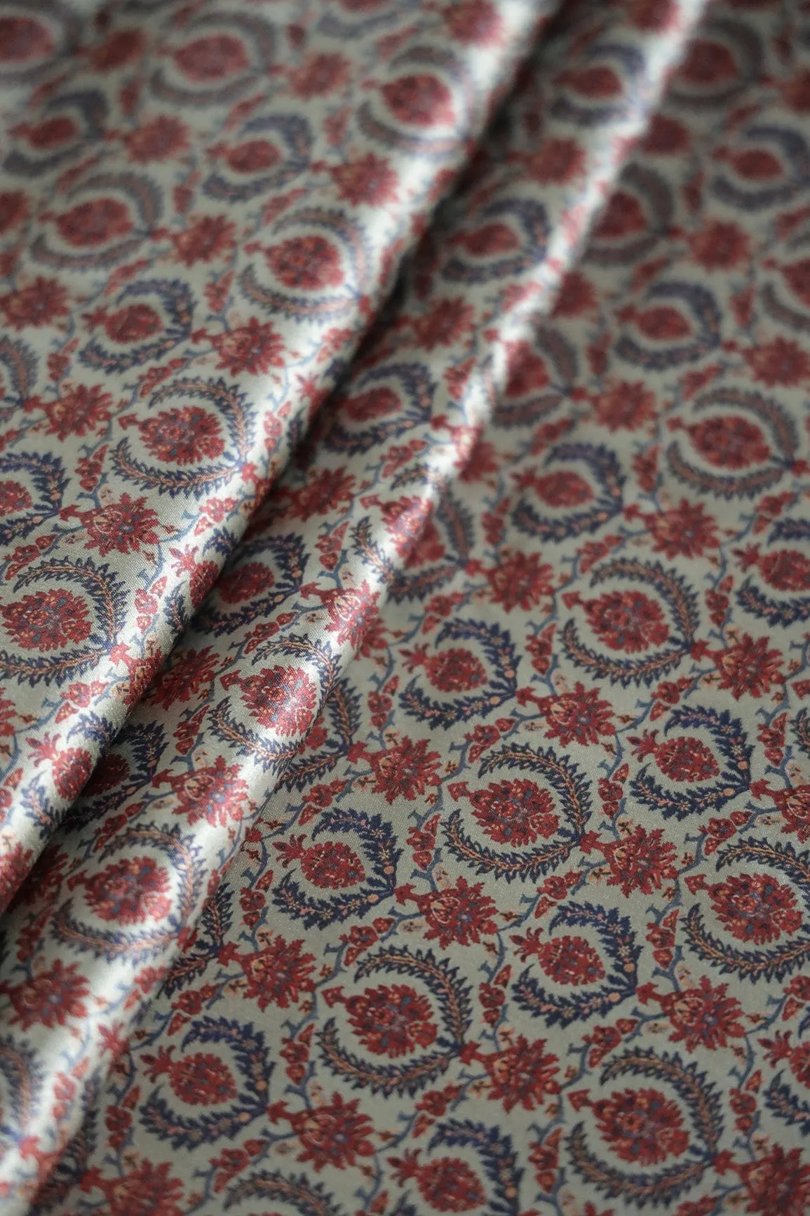 Red And Grey Trellis Pattern Digital Print On Satin Fabric