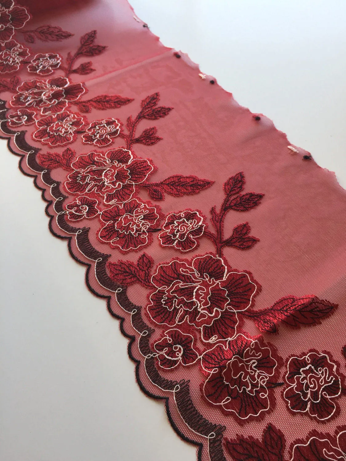 Red/Black/White 8" Wide Embroidered Lace Trim