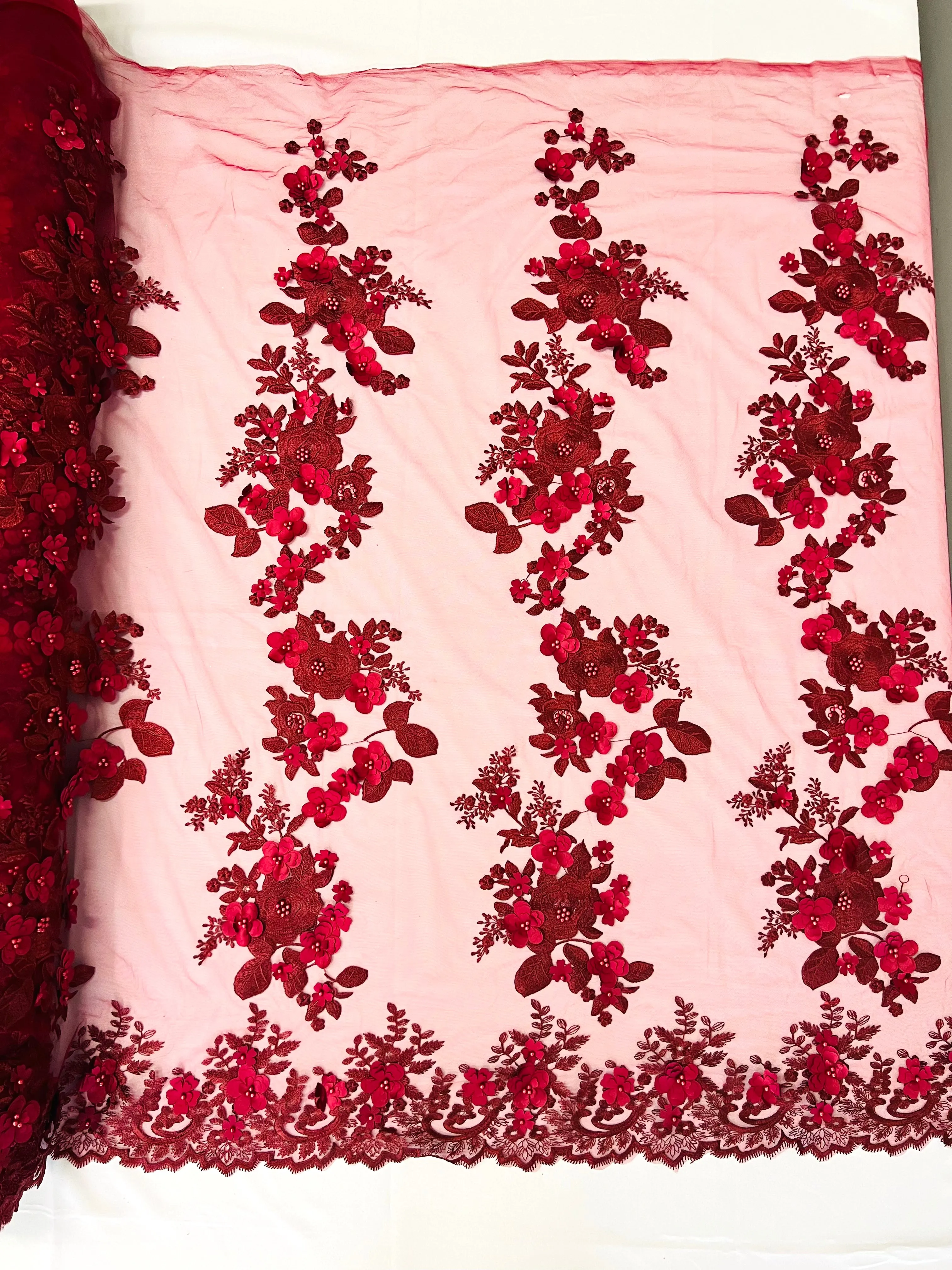 Scarlet 3d floral design embroider with pearls in a mesh lace-sold by the yard.