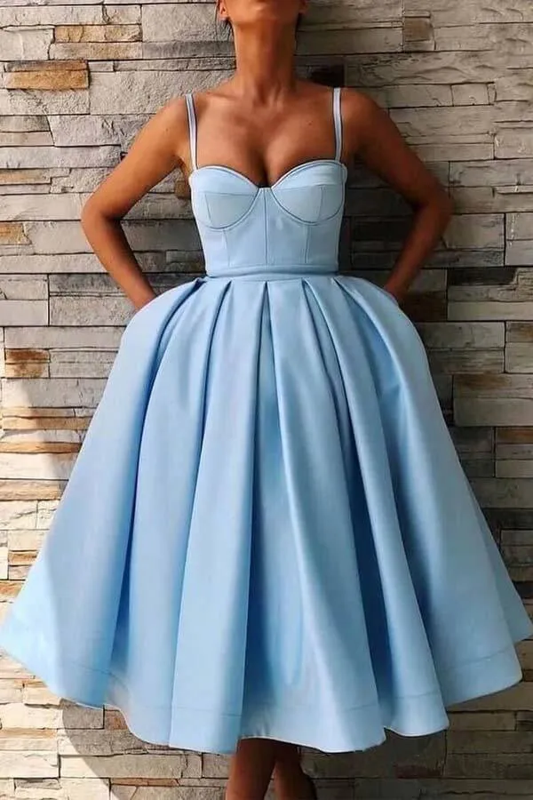 Sky Blue Satin A-line Spaghetti Straps Homecoming Dresses With Pockets, SH574