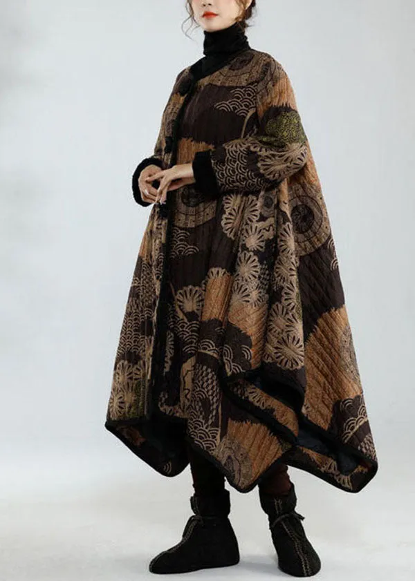 Stylish Black Asymmetrical Design Oversized Print Fine Cotton Filled Trench Coats Winter