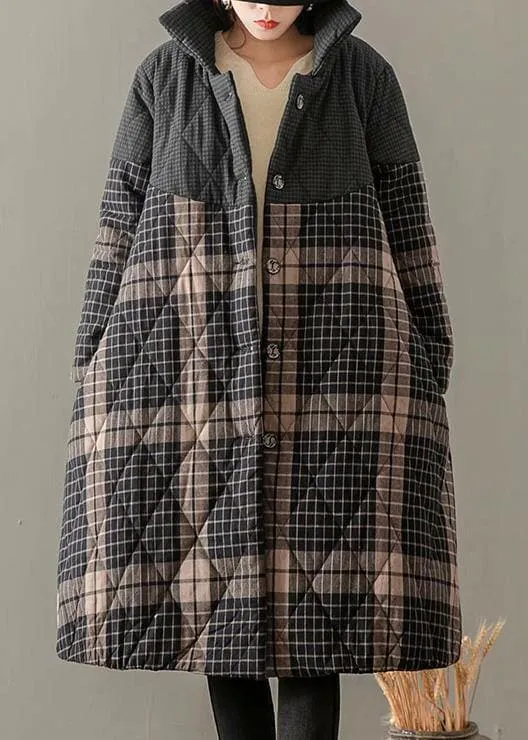 Thick Gray Plaid Coats Plus Size Clothing Coats Stand Collar Button Down outwear