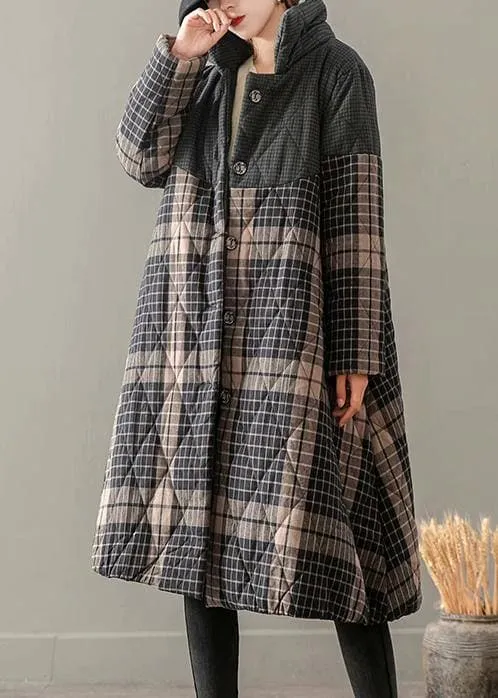 Thick Gray Plaid Coats Plus Size Clothing Coats Stand Collar Button Down outwear