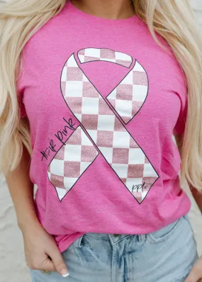 Think Pink Glitter Checkered Ribbon Vintage Heliconia Tee