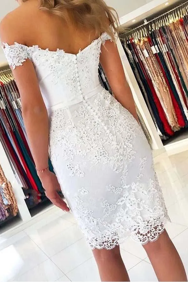 White Lace Off-the-Shoulder Mermaid Appliqued Homecoming Dresses, SH561