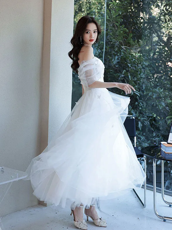 White Sweetheart Off Shoulder Tulle Lace Tea Length Prom Dress