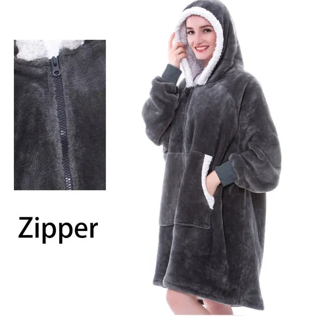 Winter Oversized Hoodie Sweatshirt Women Blanket with Sleeves Giant TV Blanket Sherpa Fleece Hoodies Bathrobe Casaco Feminino